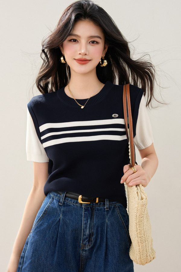 Splice stripe sweater all-match fashion tops for women