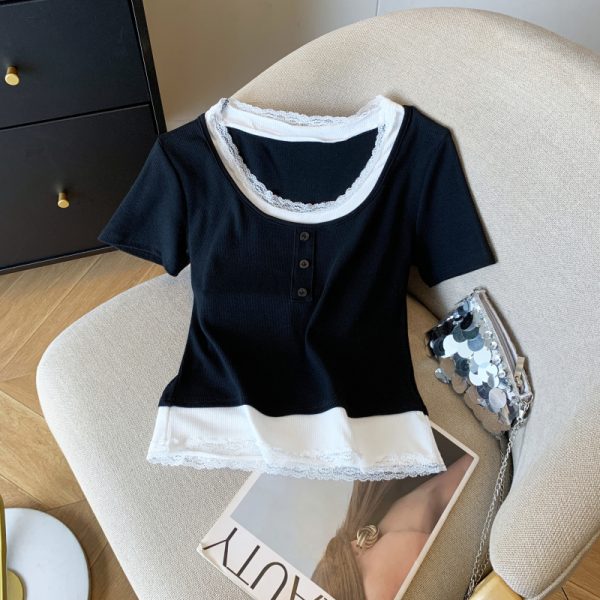 Slim fashion sweet short sleeve Pseudo-two T-shirt for women